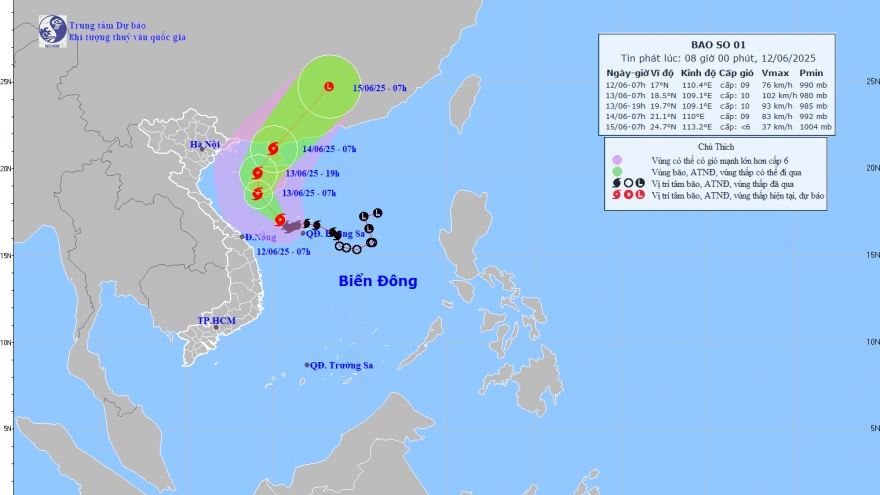 Bão số 1 hiện trên quần đảo Hoàng Sa, đang hướng vào đảo Hải Nam (Trung Quốc)